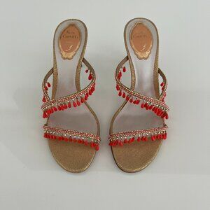 RENE CAOVILLA GOLD LEATHER CORAL BEADED CRYSTAL SANDALS SIZE IT 38 / US 38 NIB!